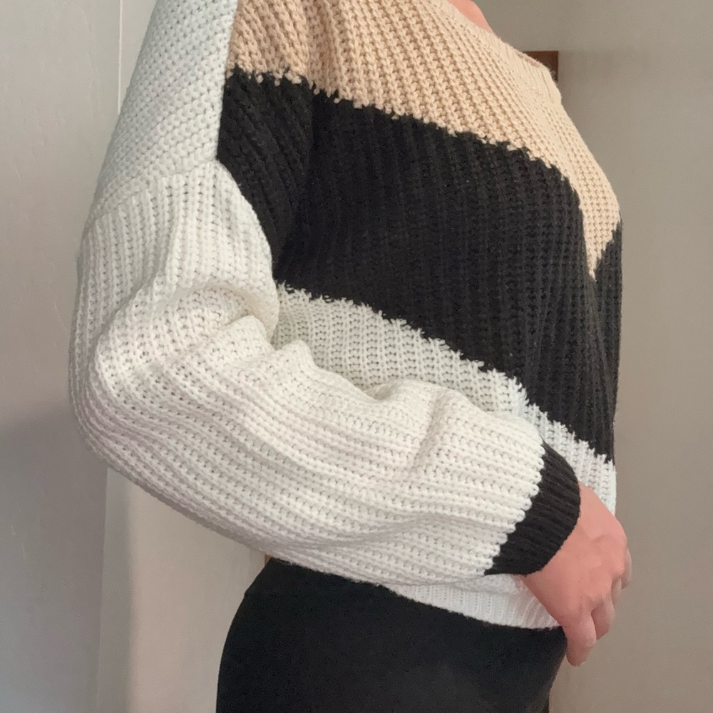 Colorblock Knit Sweater - Black, White, and Tan